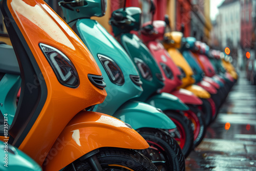 A fleet of shared electric mopeds parked at designated docking stations, offering on-demand transportation in urban areas. Concept of shared mobility and ride-sharing. Generative Ai. photo