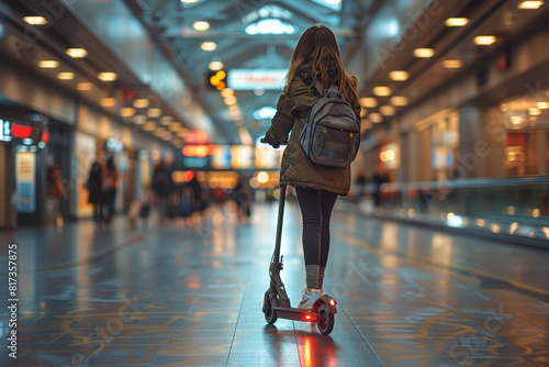 A person using a mobility scooter to navigate through a busy airport terminal, highlighting accessibility in travel. Concept of assisted mobility and travel assistance. Generative Ai.