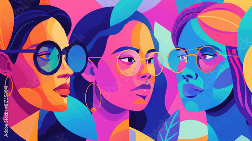 Three women with glasses are depicted in a vibrant and lively painting