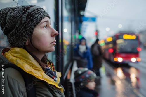 A commuter, wearing warm clothes, waits at a bus stop on a cold day, exemplifying urban life and public transportation use photo