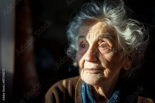 The photo captures an elderly woman, her face obscured, basked in dramatic sunlight, emphasizing texture and mood
