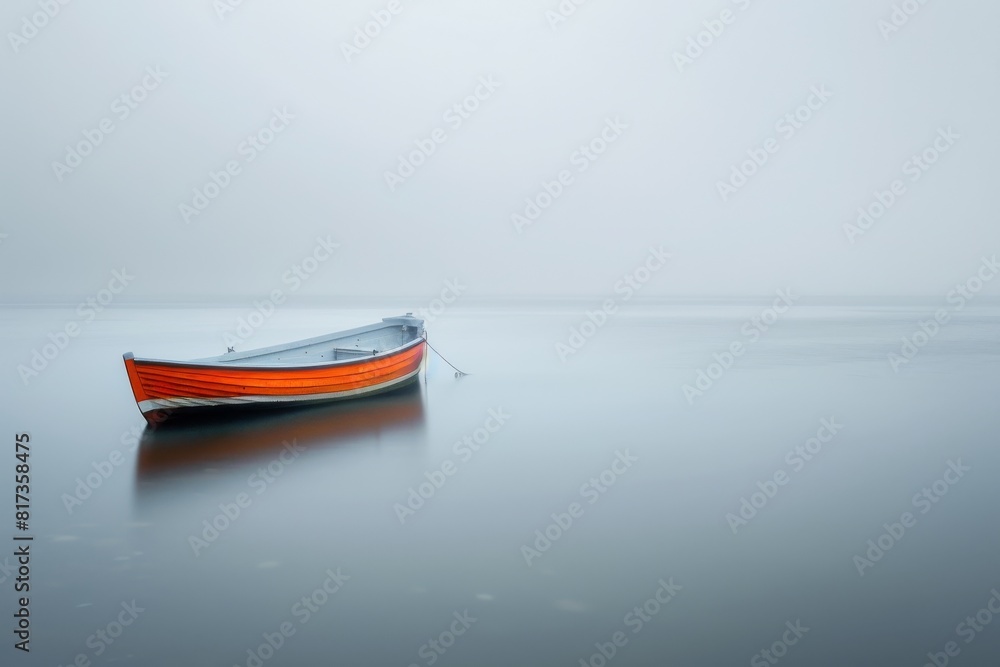 An orange and white boat gently rests on glassy waters shrouded by fog, offering a sense of calmness and isolation An orange and white boat gently rests on glassy waters shrouded by fog, offering a sense of calmness and isolation