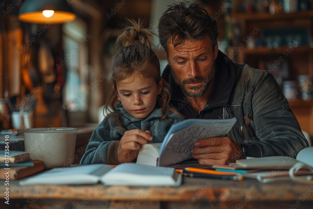A parent helping their child with homework at the kitchen table, surrounded by textbooks and school supplies. Concept of family life and educational support. Generative Ai.