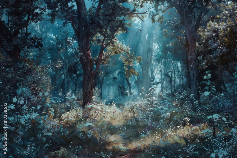A rainforest illuminated by sunlight from above. The forest is so dense that sunlight has to penetrate through the branches and leaves of the trees to reach the ground. A rainforest illuminated by sunlight from above. The forest is so dense that sunlight has to penetrate through the branches and leaves of the trees to reach the ground.