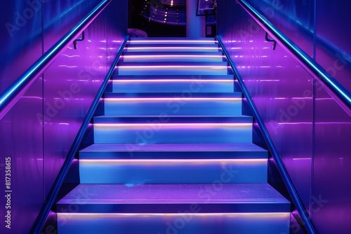 A staircase lit with purple lighting providing a modern, vibrant aesthetic Ideal for contemporary design concepts