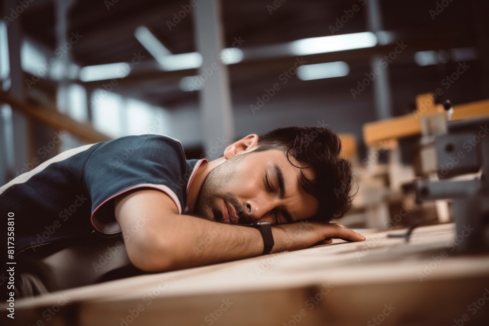 exhausted male carpenter taking a nap in a workshop exhausted male carpenter taking a nap in a workshop