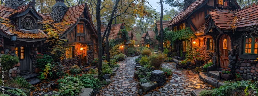 Obraz premium A fairy tale village with charming cottages, cobblestone streets, and enchanting characters.