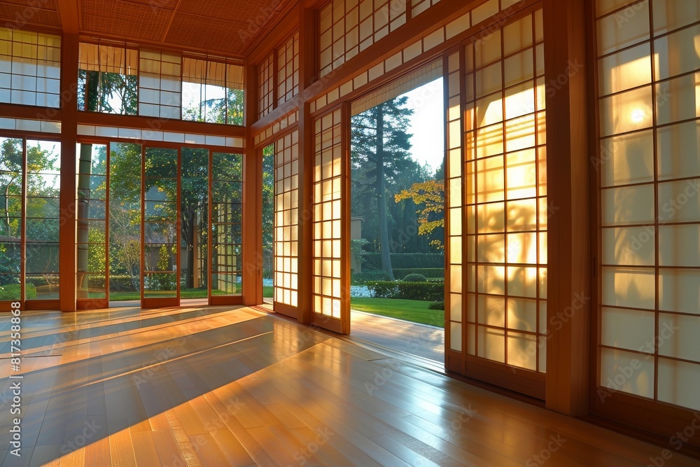 The golden light of sunset shines through shoji screens in a spacious Japanese-style room The golden light of sunset shines through shoji screens in a spacious Japanese-style room