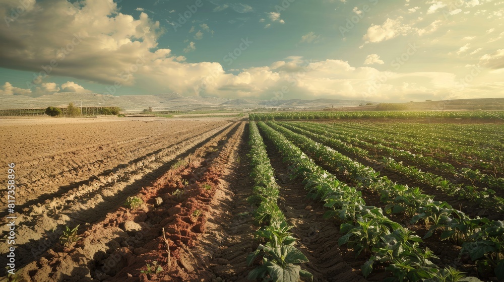 A farm with dried-up crops and no irrigation, and a farm with sustainable irrigation and healthy crops. A farm with dried-up crops and no irrigation, and a farm with sustainable irrigation and healthy crops.