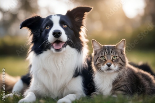  together collie border closeup dog tabby happy cat canino felino together2 pet animal head shot portrait face crossbreed mixed breed mongrel white background isolated cut-out black smiling friendly 