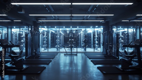 A sleek, modern gym outfitted with high-tech fitness equipment and blue ambient lighting photo