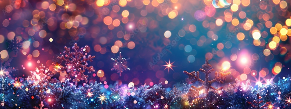 A festive, holiday background with snowflakes and twinkling lights. A festive, holiday background with snowflakes and twinkling lights.