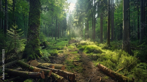 A forest with trees cut down and logs scattered on the ground, contrasted with a dense, thriving forest on the other side.