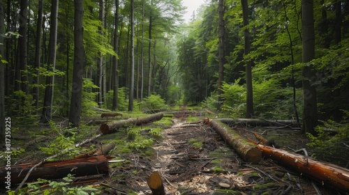 A forest with trees cut down and logs scattered on the ground, contrasted with a dense, thriving forest on the other side.