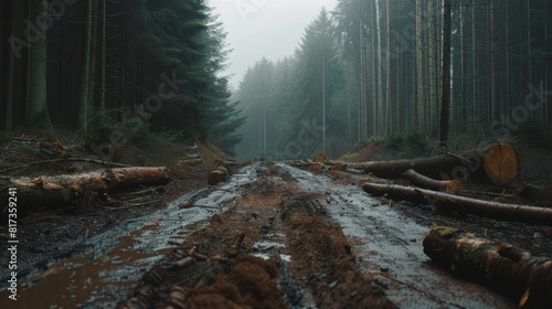 A forest with trees cut down and logs scattered on the ground, contrasted with a dense, thriving forest on the other side.