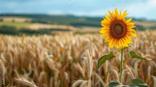 Single sunflower in a wheat field for summer or nature themed designs