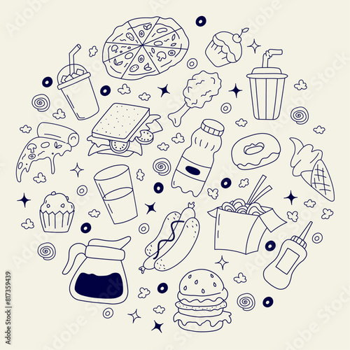 Hand drawn fast food doodle vector silhouettes. Outline vector illustration for cafe or diner. Background with snacks and drinks