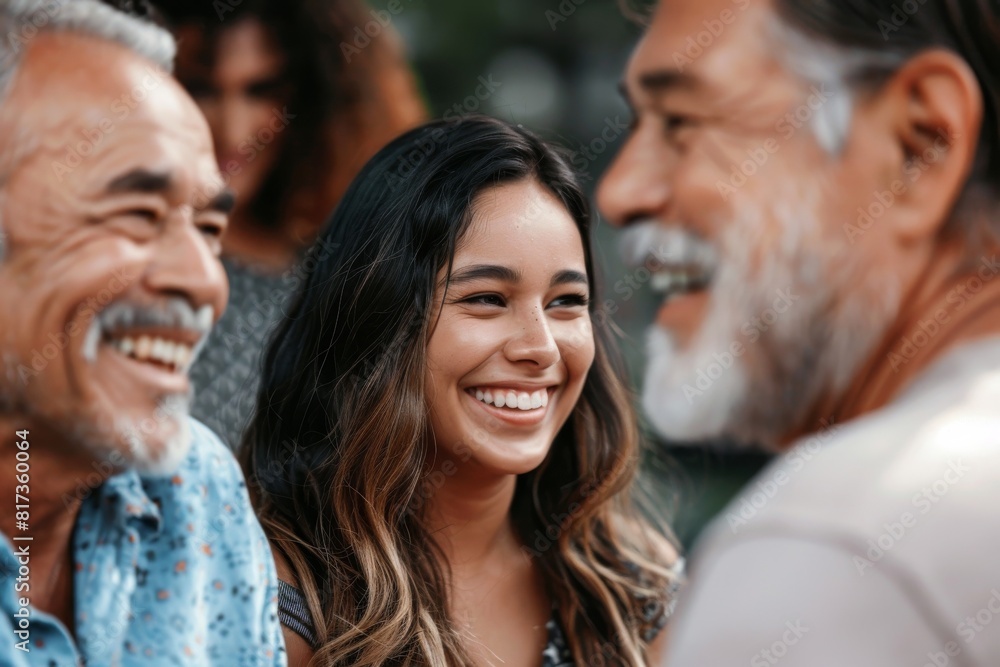 Cheerful Asian woman looking at camera with her family in background Cheerful Asian woman looking at camera with her family in background