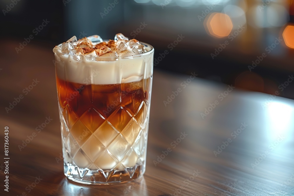 A horizontal image of a white russian cocktail in rocks glass in a bar A horizontal image of a white russian cocktail in rocks glass in a bar