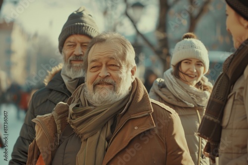 Senior man with his family walking in the city on a cold winter day