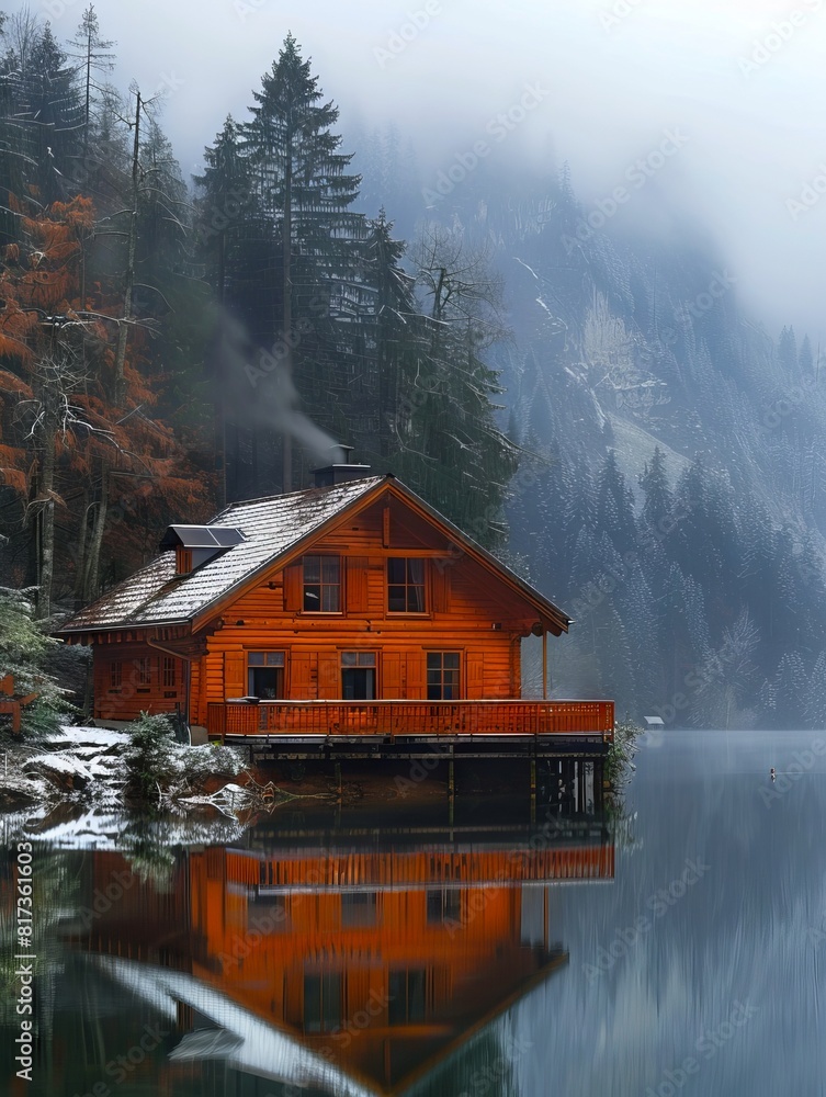 A small cabin is sitting on the shore of a lake. A small cabin is sitting on the shore of a lake.