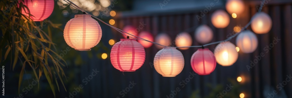 A serene outdoor scene featuring a row of colorful paper lanterns delicately hanging against a dusk backdrop A serene outdoor scene featuring a row of colorful paper lanterns delicately hanging against a dusk backdrop