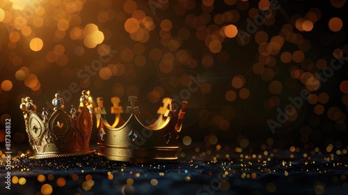 Three gold shiny crowns on festive background. Three Kings day or Epiphany day holiday celebration night background  photo