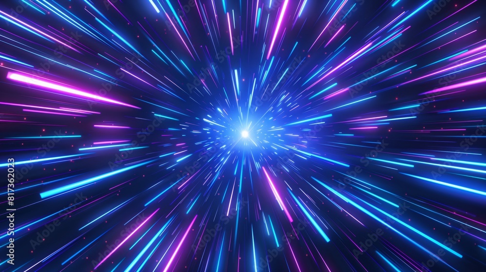 Fototapeta premium Black background with blue and purple light streaks, abstract, digital art, dynamic motion.