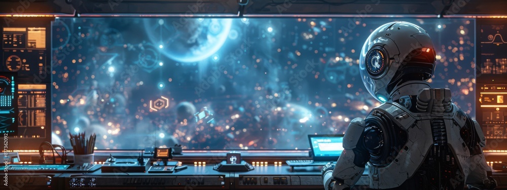 A human-like robot and a person working together at a futuristic workstation. Holographic screens and advanced gadgets around. A human-like robot and a person working together at a futuristic workstation. Holographic screens and advanced gadgets around.