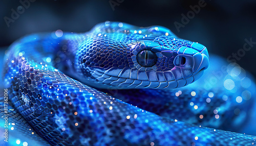 A vibrant blue snake with sparkling scales. Generated by AI