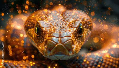 A golden snake with intense eyes stares amidst sparkling lights. Generated by AI