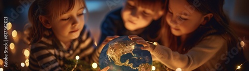 Children gathered around a lit globe, exploring and learning about the world in a warm ambiance photo