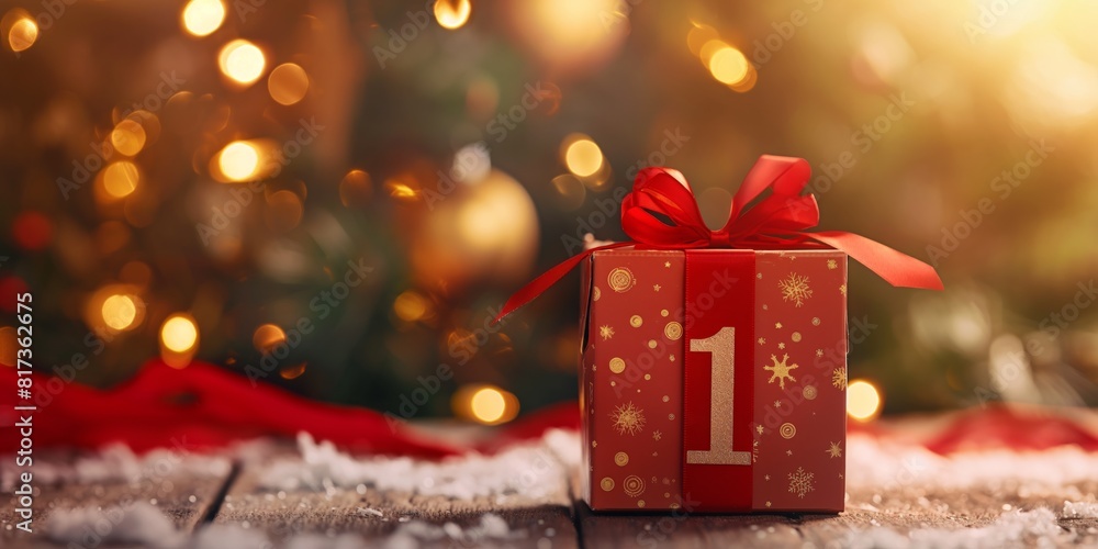 A single Christmas gift box wrapped in red paper with a golden ribbon, set against a bokeh background with festive lights A single Christmas gift box wrapped in red paper with a golden ribbon, set against a bokeh background with festive lights