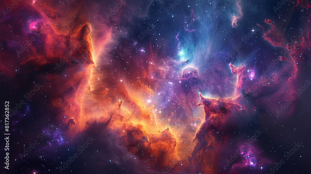Naklejka premium Vibrant Photo of a Nebula's Star-Studded Beauty Exploring the Celestial Splendor of Deep Space in Vivid Detail