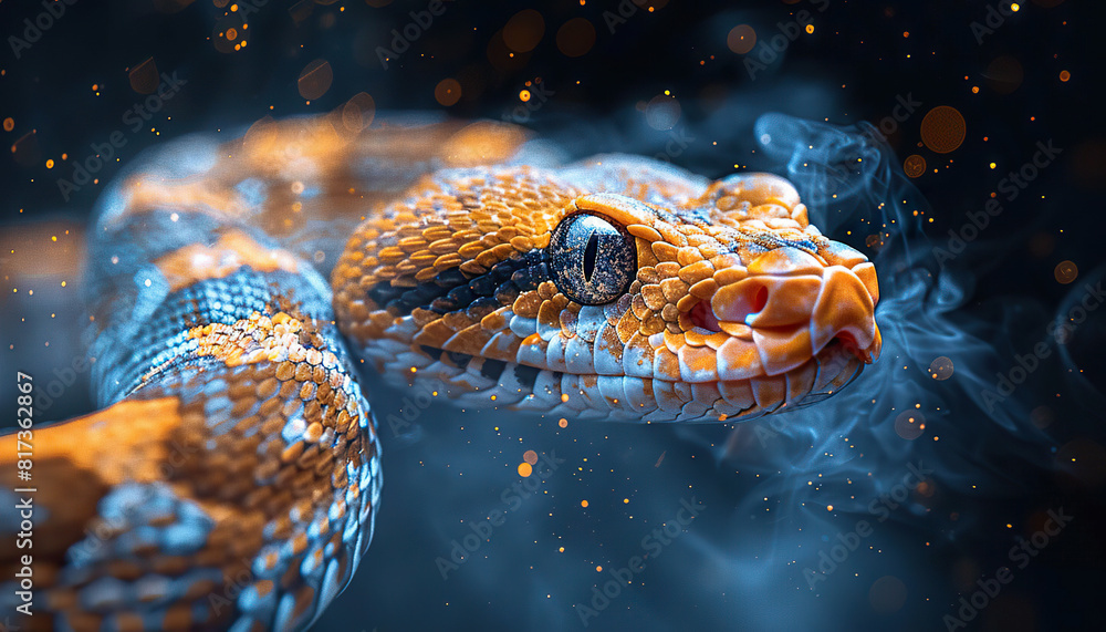 A vibrant snake emerges from smoky depths. Generated by AI A vibrant snake emerges from smoky depths. Generated by AI