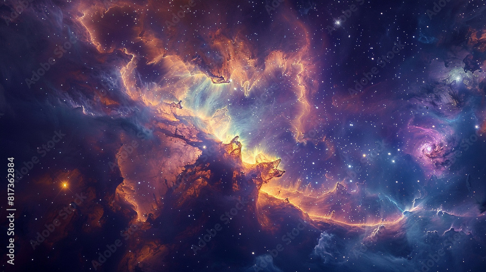 Fototapeta premium Vibrant Photo of a Nebula's Star-Studded Beauty Exploring the Celestial Splendor of Deep Space in Vivid Detail