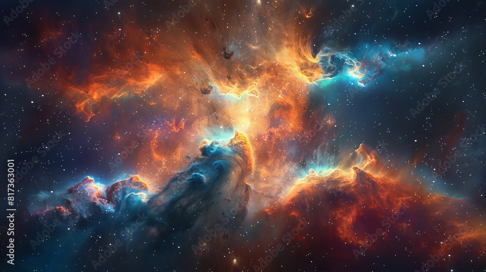 Fototapeta premium Vibrant Photo of a Nebula's Star-Studded Beauty Exploring the Celestial Splendor of Deep Space in Vivid Detail