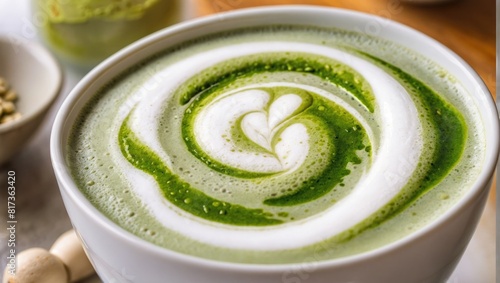 Matcha latte art, closeup top view. Green coffee drink, macro view © SD Danver