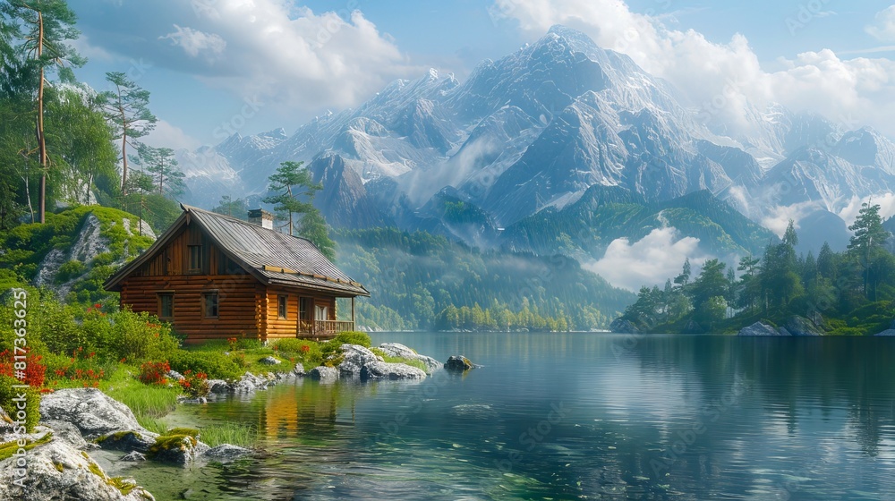 A cabin is surrounded by mountains and water.