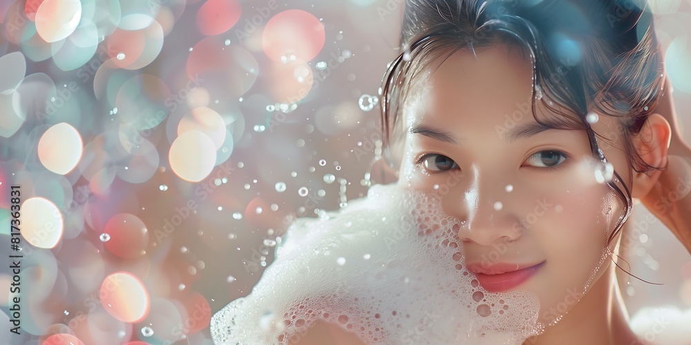 Fashion commercial advertisement. Playful happy Radiant natural skin asian woman washing her hair soak in bubbles soapsuds soap foam water Fashion commercial advertisement. Playful happy Radiant natural skin asian woman washing her hair soak in bubbles soapsuds soap foam water