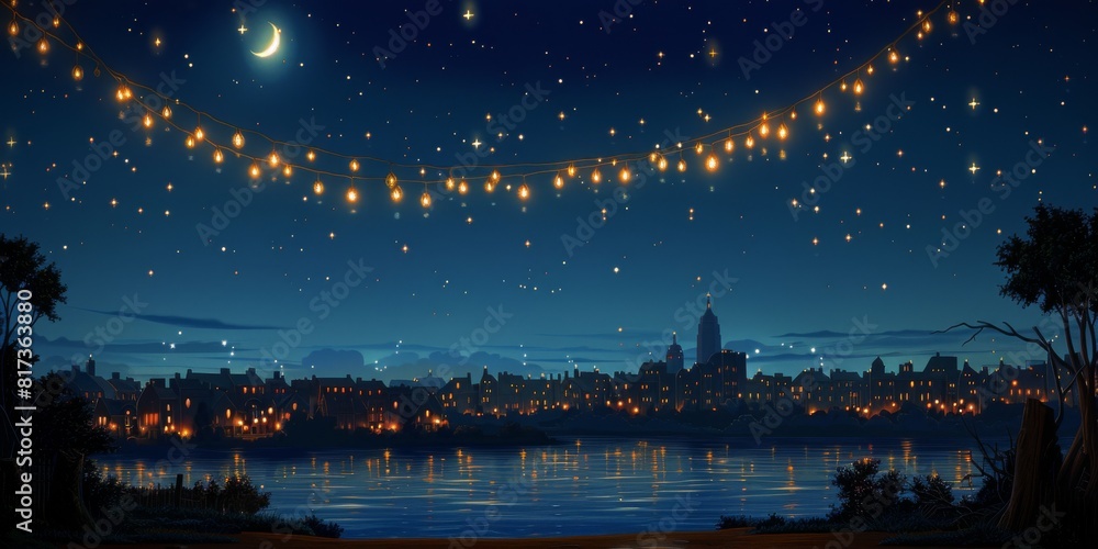 Mystic Night Sky Over Riverside Cityscape Illuminated by String Lights with Crescent Moon in a Serene and Peaceful Evening Scene Mystic Night Sky Over Riverside Cityscape Illuminated by String Lights with Crescent Moon in a Serene and Peaceful Evening Scene
