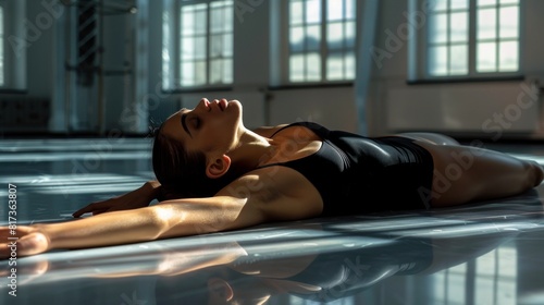 Under striking lighting, a graceful ballerina in a black outfit lies on the dance studio floor, her eyes closed.