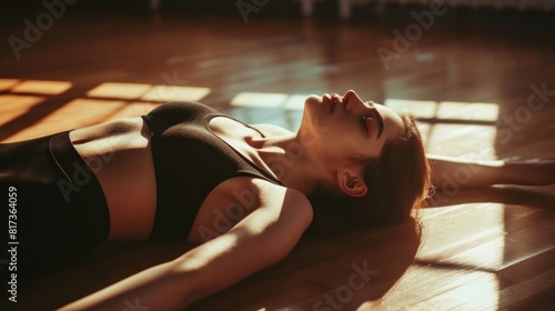 Under striking lighting, a graceful ballerina in a black outfit lies on the dance studio floor, her eyes closed. photo