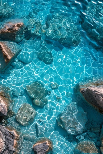 View from above of the crystal clear water along the shoreline with rocky seabed