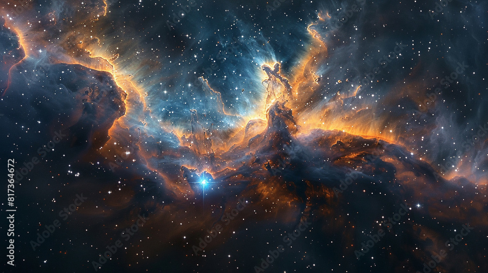 Naklejka premium Vibrant Photo of a Nebula's Star-Studded Beauty Exploring the Celestial Splendor of Deep Space in Vivid Detail