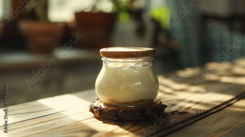 White candle in a glass jar on a wooden table for holiday decoration
