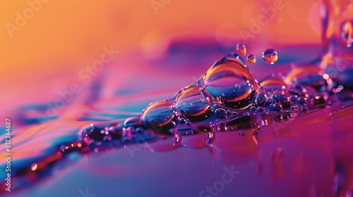 Water-oil emulsion macro picture on a colored backdrop