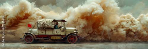 Heroic Vintage Post Car in Action - Dramatic Scene with Flames photo