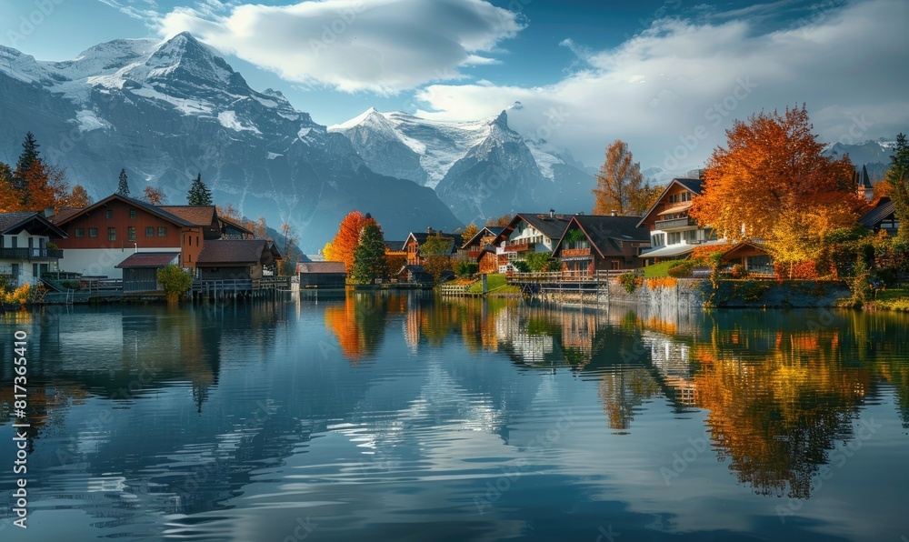 Fototapeta premium A scenic lake with houses at the sides