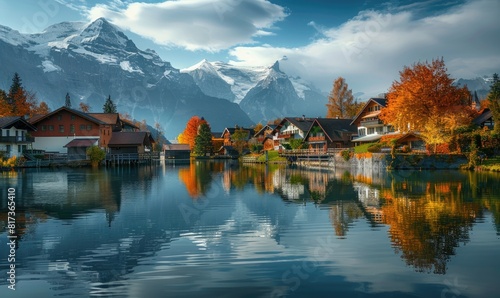 A scenic lake with houses at the sides